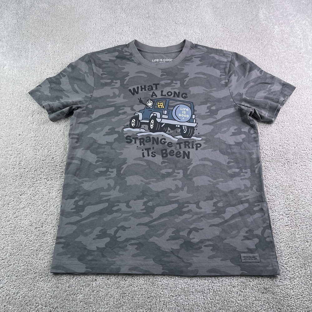 Life is Good Shirt Mens Medium Gray Camo Long Strange Trip Jeep Crusher Tee